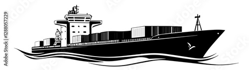 Black and white illustration of a cargo ship.