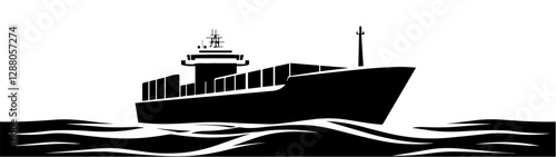 Black and white illustration of a cargo ship.