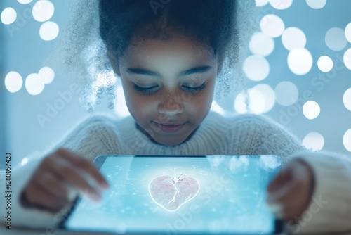 A young girl intently studies a heart image displayed on her tablet, captivated by the technology.