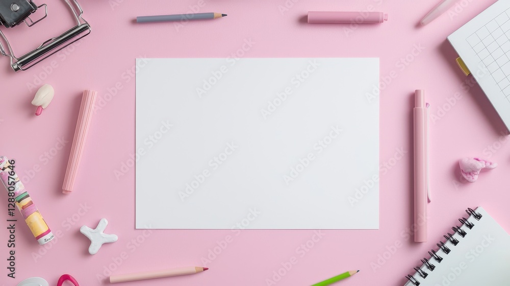 Pink desk with blank paper surrounded by colorful stationery and office supplies, ideal for creative projects. Pink desk with blank paper surrounded by colorful stationery and office supplies, ideal for creative projects.