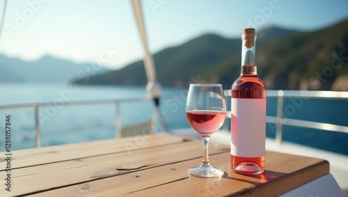 Chilled rosé wine bottle and glass on a yacht with scenic ocean and mountain view

