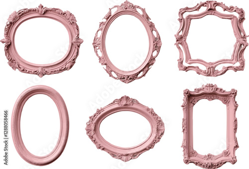 A set of elegant pink vintage frames with intricate floral and ornamental patterns, designed for decorating images or text. 