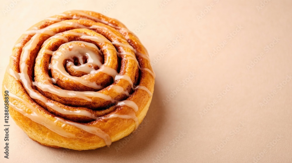 Sweet cinnamon roll with glossy icing, showcasing spiral layers Sweet cinnamon roll with glossy icing, showcasing spiral layers