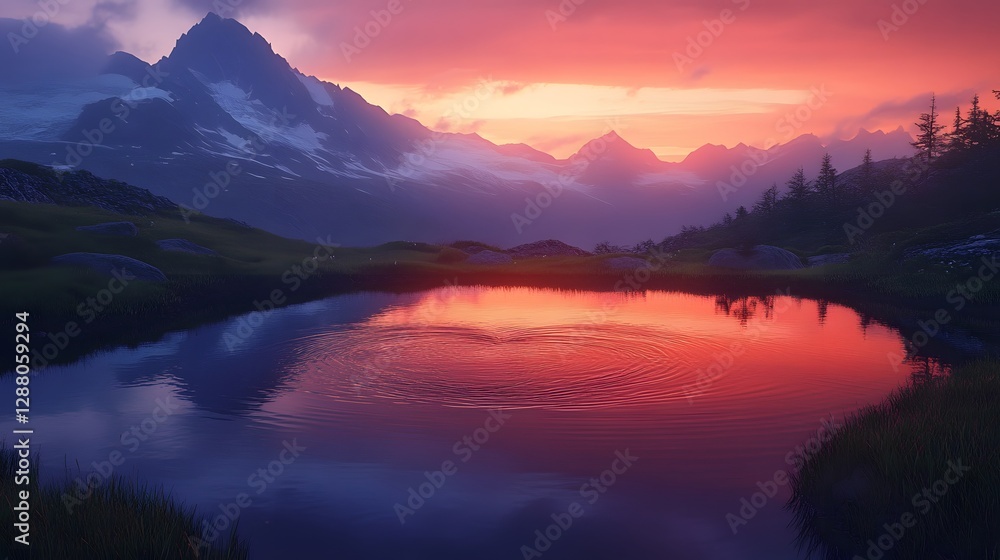Fototapeta premium Serene landscape at dawn, tranquil lake reflecting vibrant sunrise colors, majestic mountains in the background, peaceful nature theme.