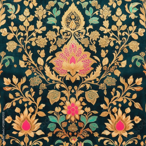Luxurious Teal   Gold Floral Textile Pattern