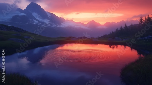 Wallpaper Mural Serene landscape at dawn, tranquil lake reflecting vibrant sunrise colors, majestic mountains in the background, peaceful nature theme. Torontodigital.ca