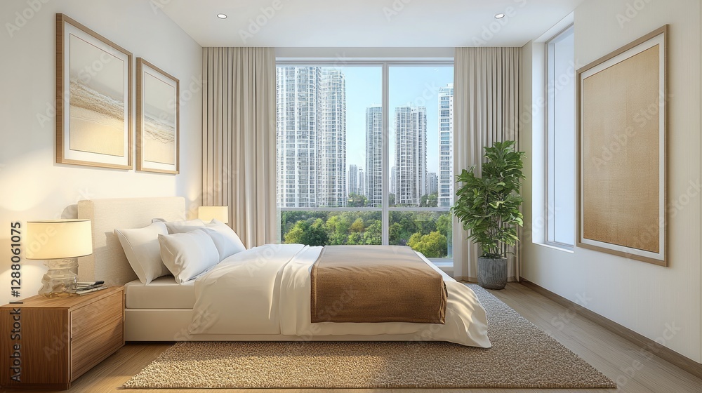 Fototapeta premium Bright bedroom boasts a large window overlooking a cityscape