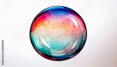 A transparent soap bubble is floating in the air. The background is white