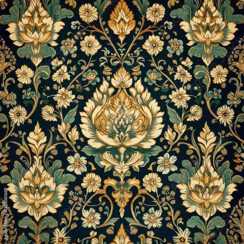 Elegant Floral Damask Textile Pattern  Vintage Design  Gold   Teal