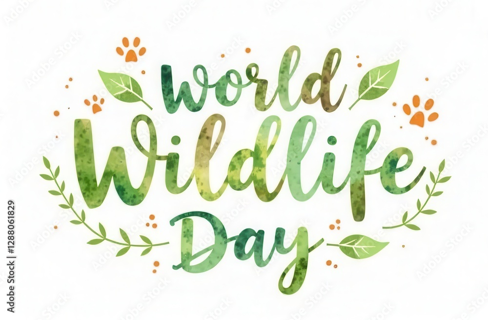 Fototapeta premium Watercolor-style illustration of the words 'World Wildlife Day' in shades of green and earthy brown with leaves, branches, and animal paw prints