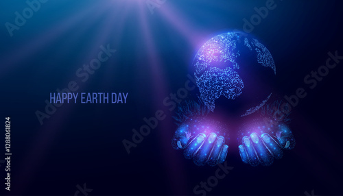 Happy Earth Day concept. Planet Earth on futuristic modern abstract background. Vector illustration.