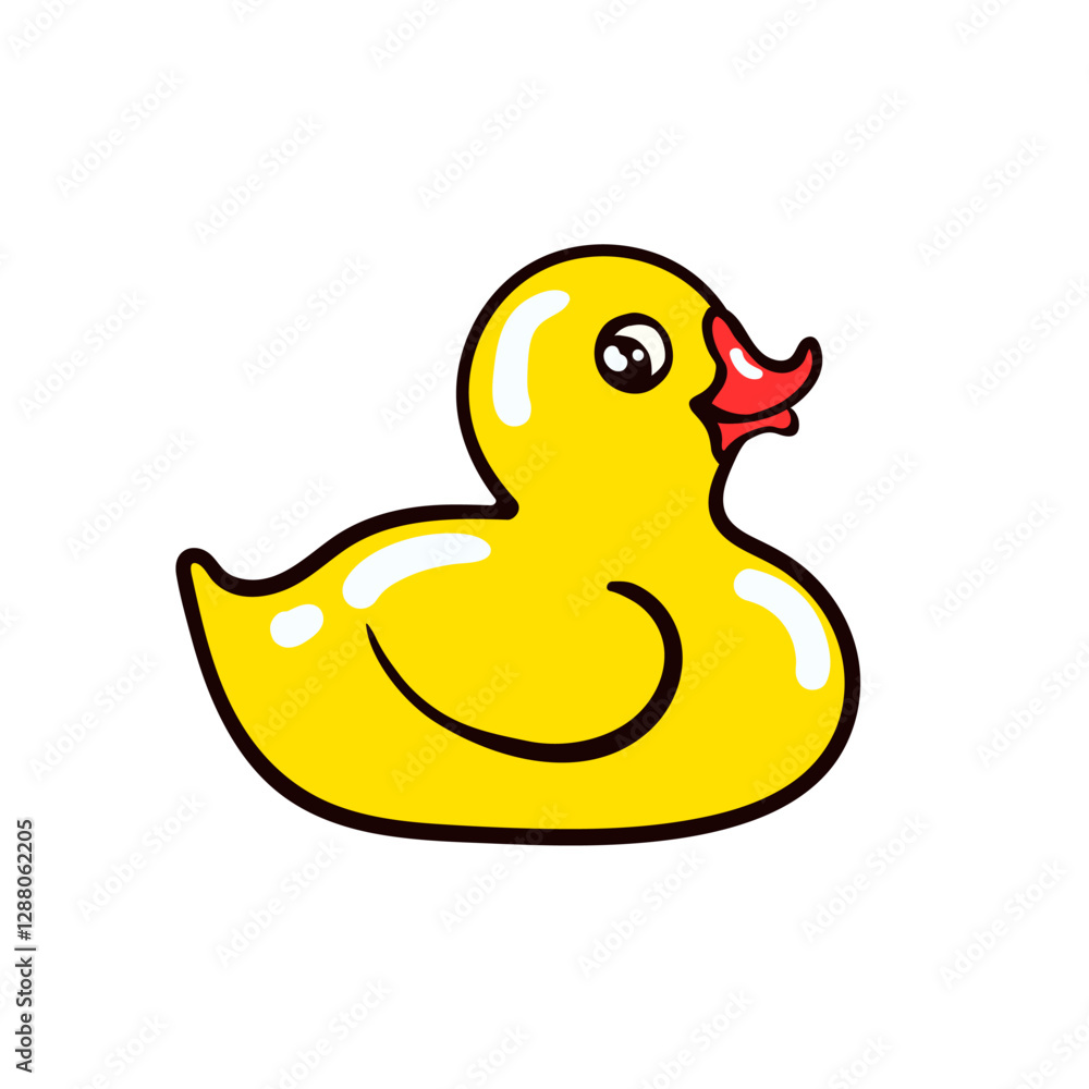 Funny happy yellow rubber floating duck. Bright cartoon character. Comic hand drawn cute bath squeaky little duckie quack simple toy isolated on white. Vector flat sticker or symbol of 60s, 70s, 80s Funny happy yellow rubber floating duck. Bright cartoon character. Comic hand drawn cute bath squeaky little duckie quack simple toy isolated on white. Vector flat sticker or symbol of 60s, 70s, 80s