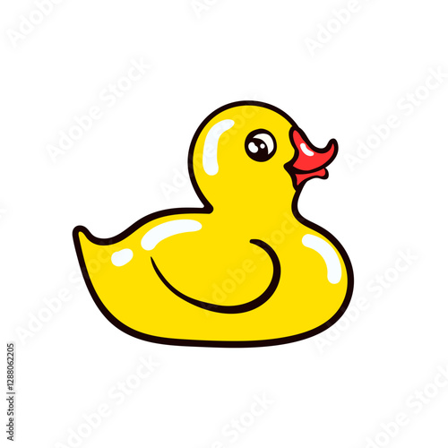 Funny happy yellow rubber floating duck. Bright cartoon character. Comic hand drawn cute bath squeaky little duckie quack simple toy isolated on white. Vector flat sticker or symbol of 60s, 70s, 80s