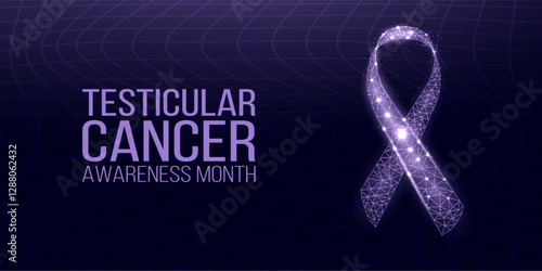 Testicular cancer awareness month concept. Banner with glowing purple ribbon awareness and text. Vector illustration.