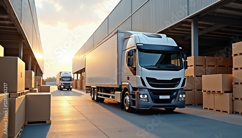 Freight truck unloading boxes at warehouse during sunset
