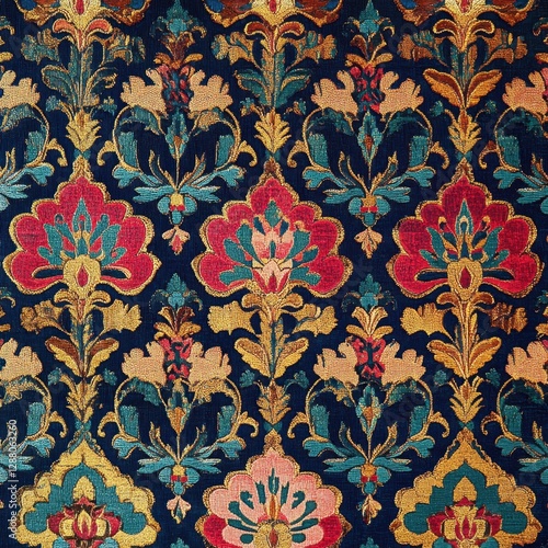 Luxurious Floral Damask Fabric Texture   Dark Blue  Gold  Red  Teal