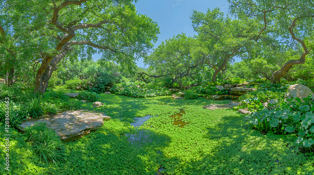 Lush green park garden pond landscape, summer day Lush green park garden pond landscape, summer day