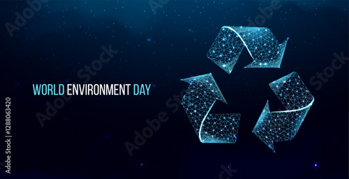 World environment day concept. Banner with wireframe polygonal recycle symbol. Futuristic modern abstract background. Vector illustration.