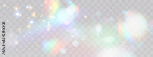 Blurred rainbow refraction overlay effect. Light lens prism effect on transparent background. Holographic reflection, crystal flare leak shadow overlay. Vector abstract illustration.  