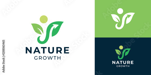 Simple nature growth logo template. People with Leaves logo design vector illustration.