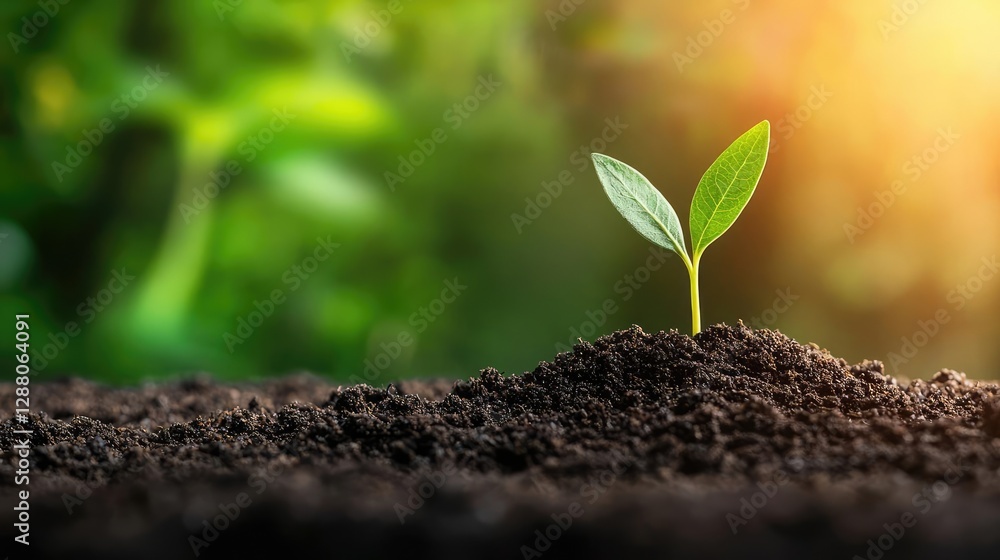 Fototapeta premium Earth day environmental idea. A young green sprout emerging from rich soil, symbolizing growth and new beginnings.