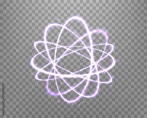 Atom particle, light effect glowing purple magic rings. Neon realistic energy swirl. Abstract light effect on a transparent background. Vector illustration.