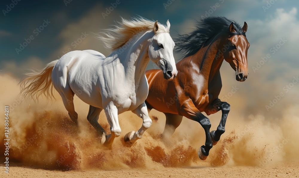 Obraz premium Majestic horses galloping through sandy terrain creating dramatic dust clouds