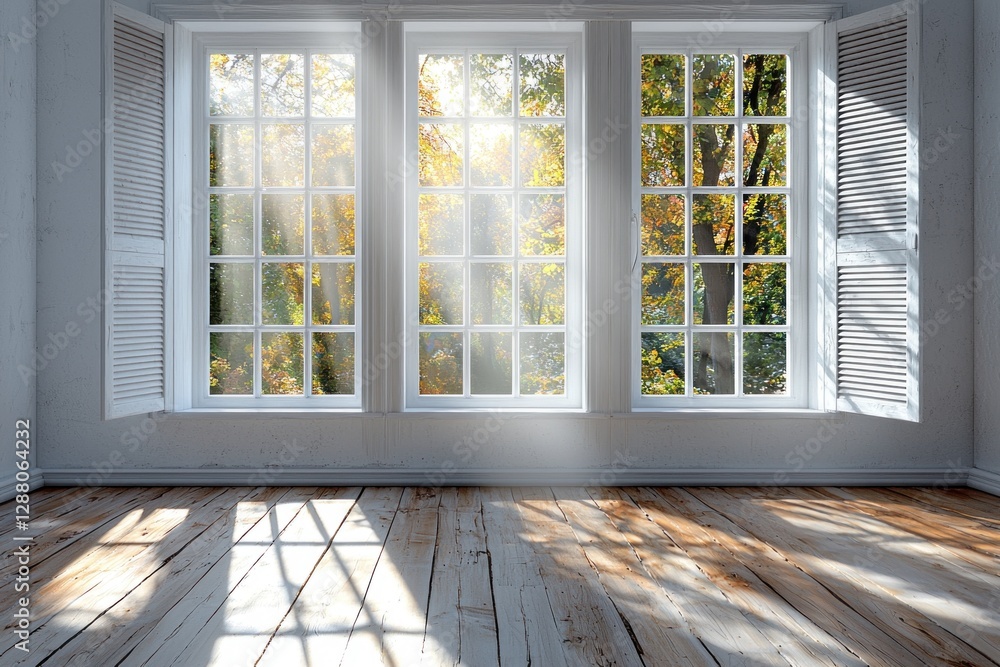Fototapeta premium Empty room with sun streaming through window, light patterns on wooden floor.