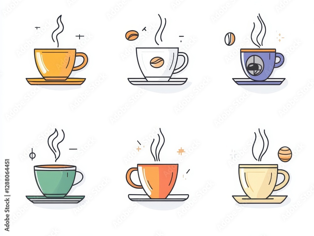 Six Pixel Art Coffee Cups Illustration Set Colorful Mugs with Steam and Beans Six Pixel Art Coffee Cups Illustration Set Colorful Mugs with Steam and Beans