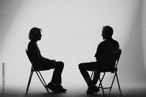Silhouetted figures sit opposite each other, engaged in a serious conversation or interview.