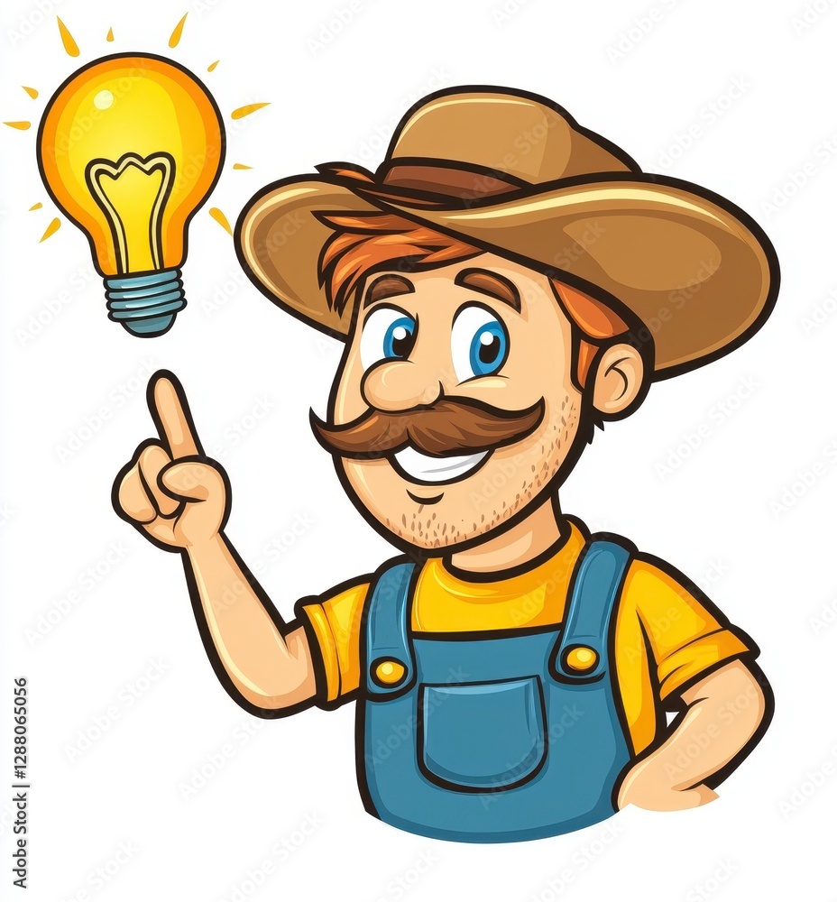 Smiling Cartoon Farmer with Lightbulb Idea Smiling Cartoon Farmer with Lightbulb Idea
