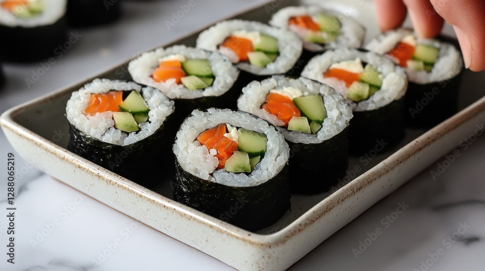 Delicious sushi rolls on a marble table with a hand adding garnish at a casual dining event Delicious sushi rolls on a marble table with a hand adding garnish at a casual dining event