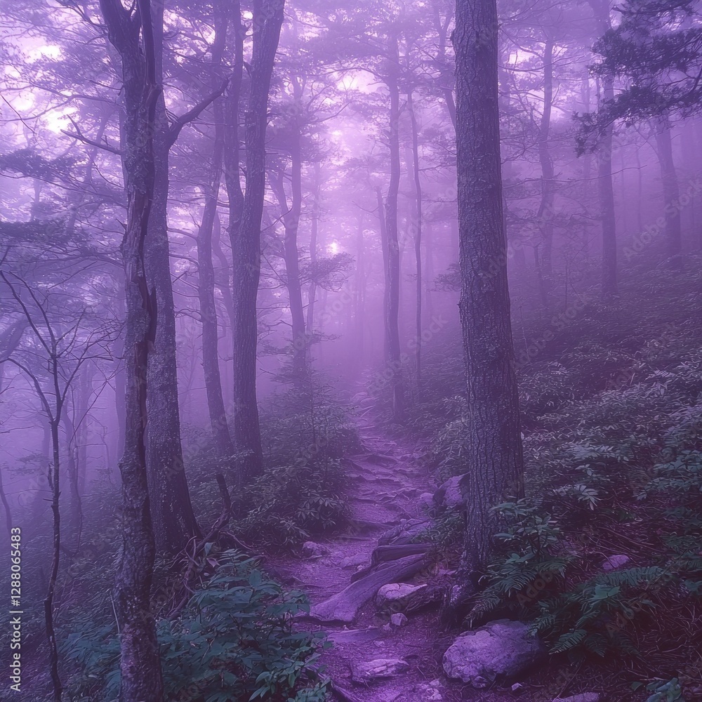 Fototapeta premium Misty purple forest trail path