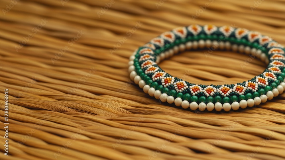 Fototapeta premium Colorful bangle showcasing intricate beadwork on textured backgr