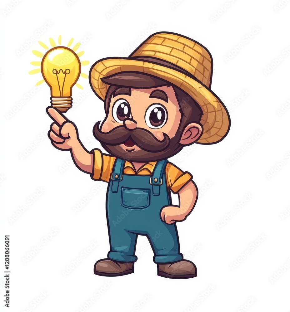 Smiling Pixel Art Farmer with Lightbulb Idea Smiling Pixel Art Farmer with Lightbulb Idea
