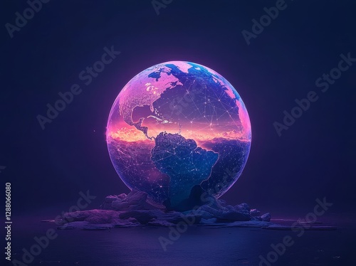 Holographic background showcasing a dark blue 3D illustration of the high-tech planet Earth