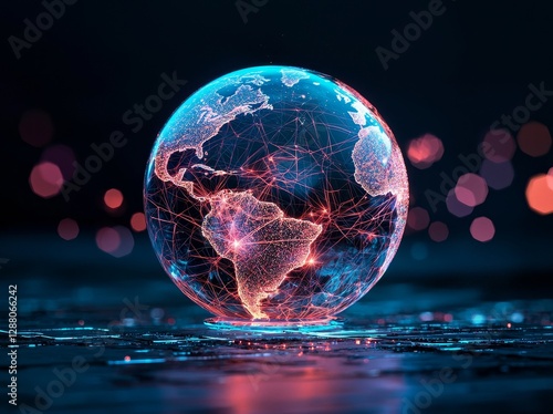 A dark blue high-tech planet Earth in 3D illustrated as a holographic background