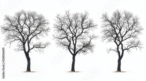 Winter bare trees isolated white background, design