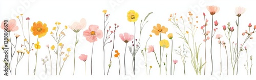 Modern wild flower set. Features floral, leaf, foliage, plant, bloom, and herb images on a white background. Hand-drawn detailed botanical for spring decor, website graphics, designs, and shops