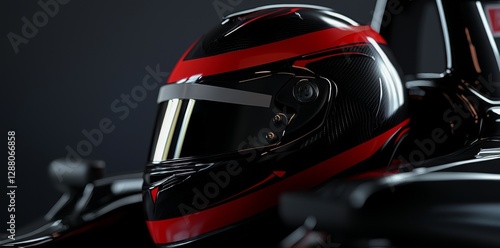 A motorcyclist is shown in close-up, wearing a detailed helmet that is red and white, set against a dark background
