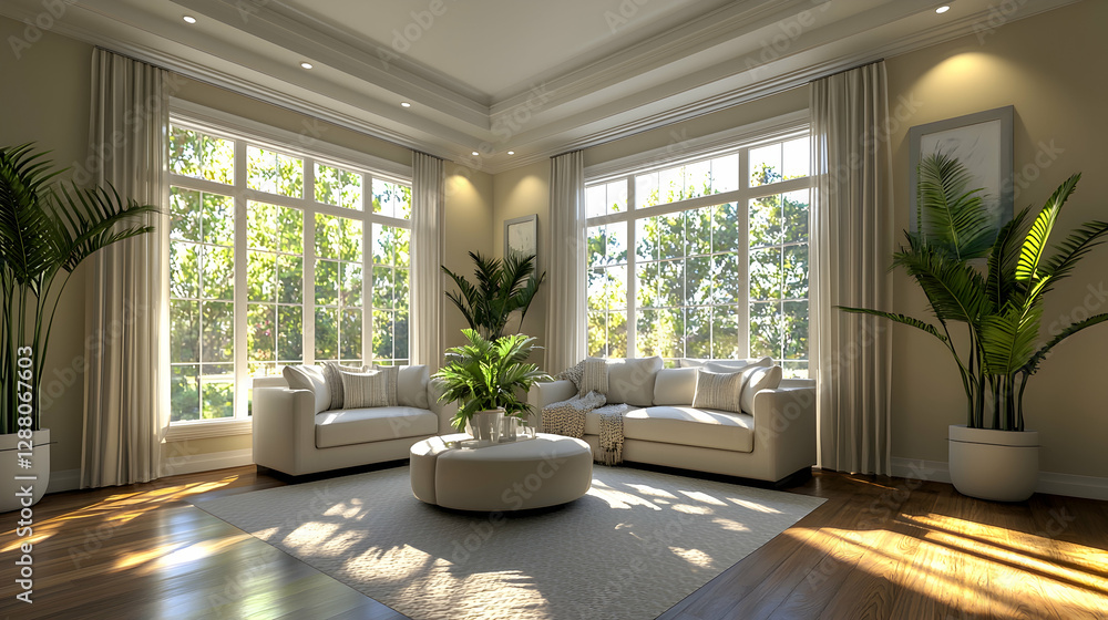 Fototapeta premium Sunny living room with large windows, plants, and couches. Home interior design