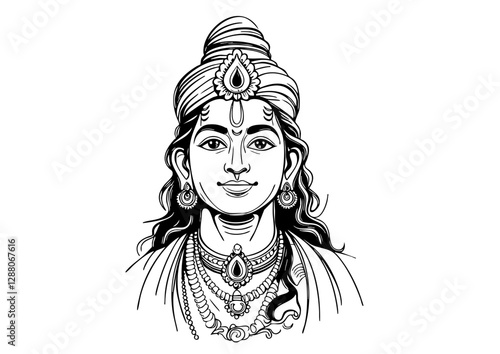 "Black and white illustration of a Hindu deity adorned with traditional jewelry and a serene expression."