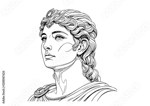 "Black and white illustration of an ancient Greek goddess or warrior with braided hair and a regal expression."