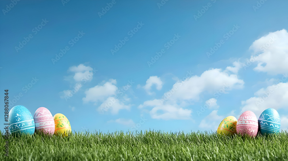 Fototapeta premium Pastel Easter Eggs on Grassy Field Under Blue Sky