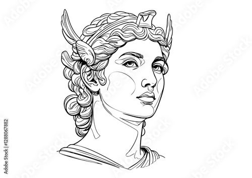 "Black and white illustration of an ancient Greek deity or mythological figure with a winged helmet."