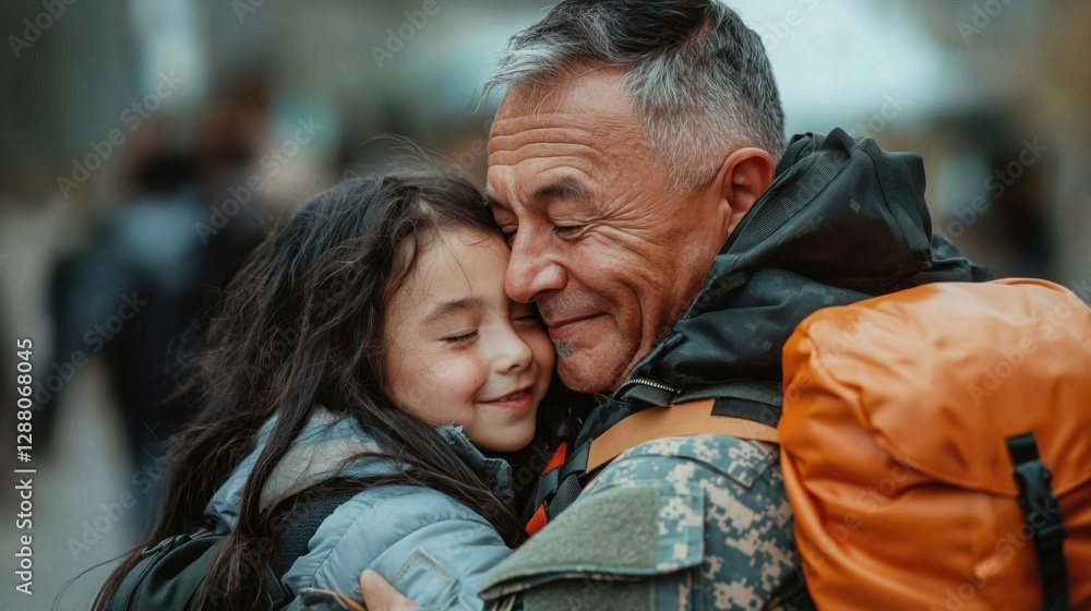 Emotional reunion between a soldier and child in a bustling urban setting during daylight hours Emotional reunion between a soldier and child in a bustling urban setting during daylight hours