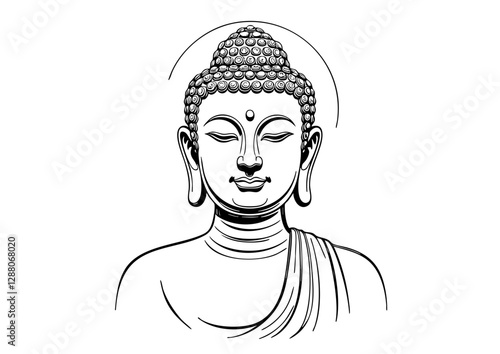 "Black and white illustration of Buddha in a meditative pose with a serene expression."