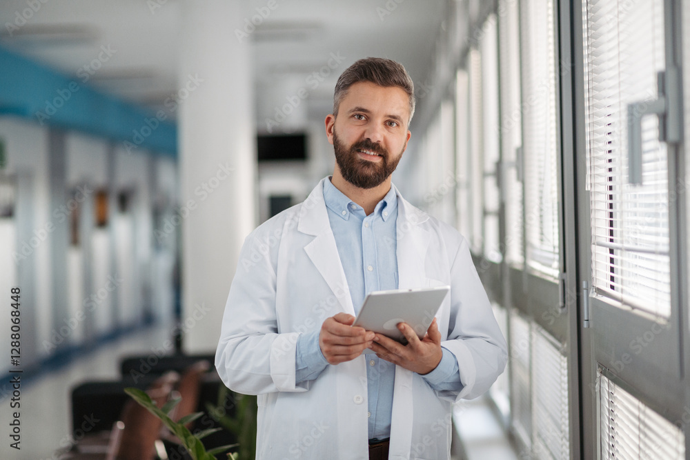 Fototapeta premium Portrait of doctor in hospital hallway, holding tablet with medical records.