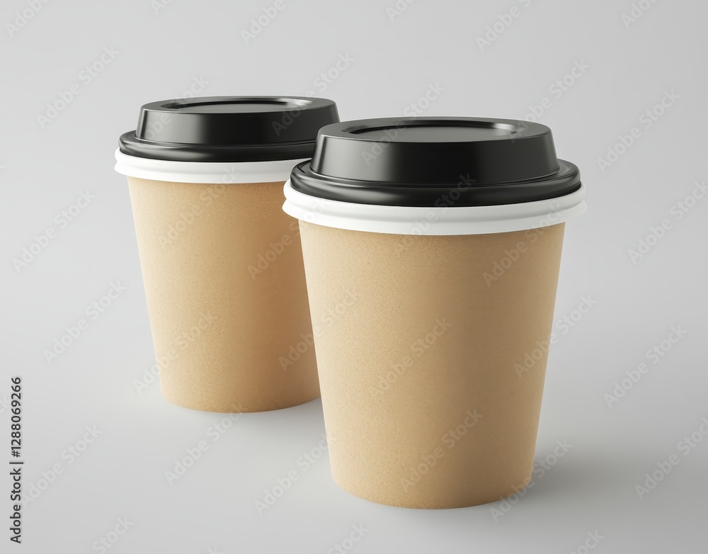 Two Kraft Paper Coffee Cups with Black Lids on Light Gray Background Two Kraft Paper Coffee Cups with Black Lids on Light Gray Background