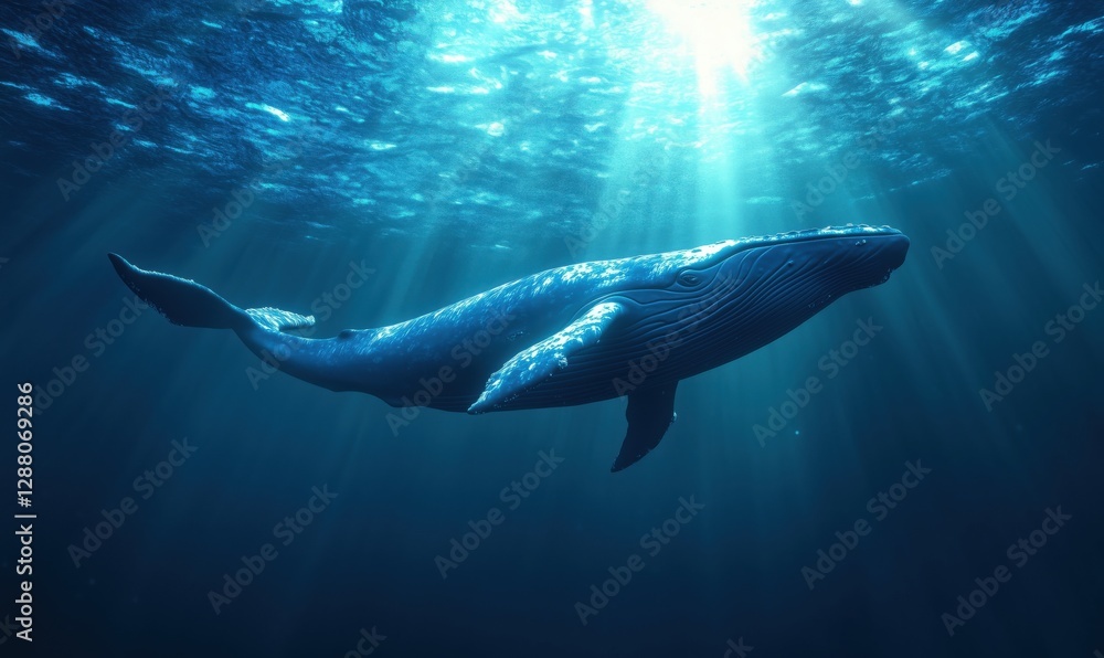 Obraz premium Majestic humpback whale swimming gracefully in sunlit ocean depths